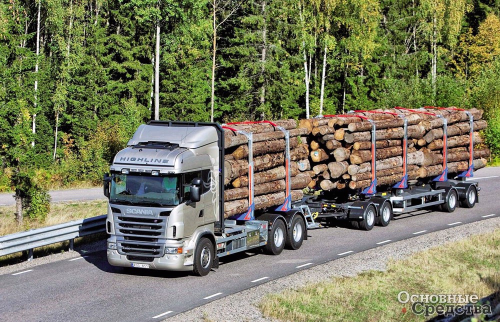 Лесовоз-сортиментовоз на трехосном шасси Scania с 4-осным прицепом вписывается в габариты ЕЭК ООН