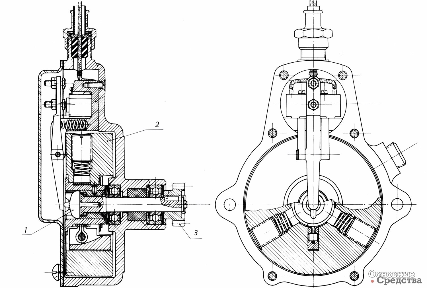 1959 г. Инерционный датчик: 1 – толкатель, 2 – маховик, 3 – шестерня привода