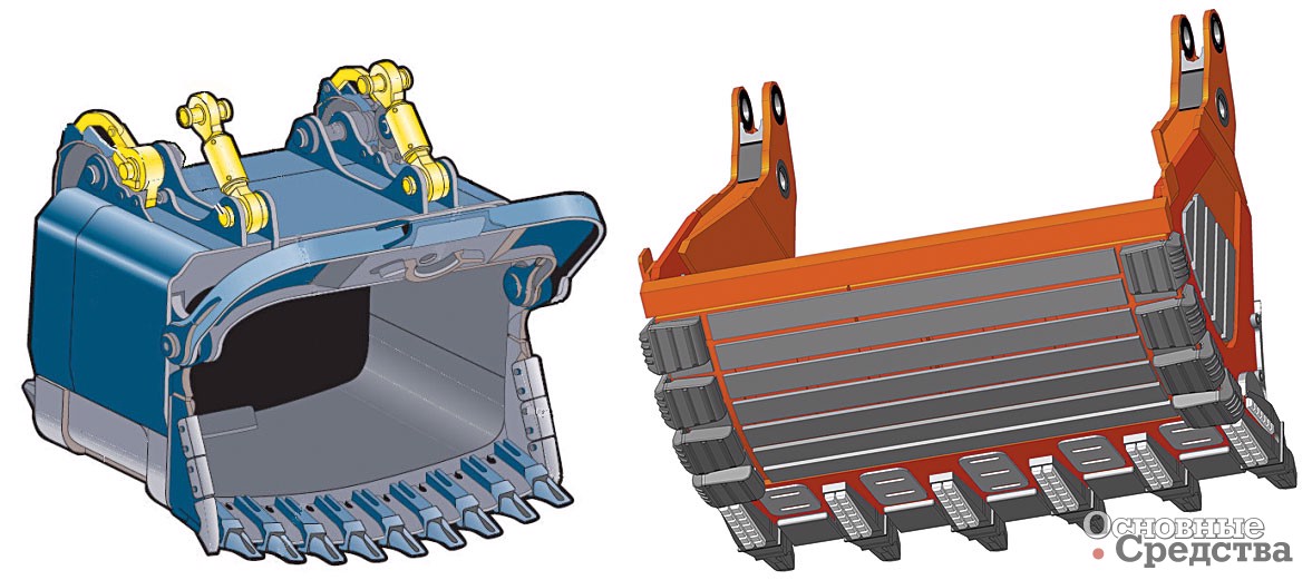 Рис. 12. [b]Ковши канатных (слева) и гидравлических (справа) экскаваторов[/b]