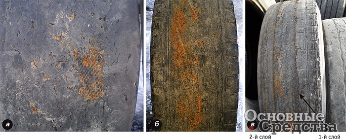 Фото 7.Полный износ протектора (а) и выкрашивание резины, полное оголение  брекера по беговой дорожке (б), износ слоев брекерного пакета (в)