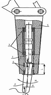 Схема нагружения инструмента:<br>1 – инструмент; 2 – палец фиксации; 3 – опорные втулки бойка; 4 – втулки инструмента; 5 – корпус молота; L – длина опорной части; F – осевая нагрузка; X – плечо; М – изгибающий момент