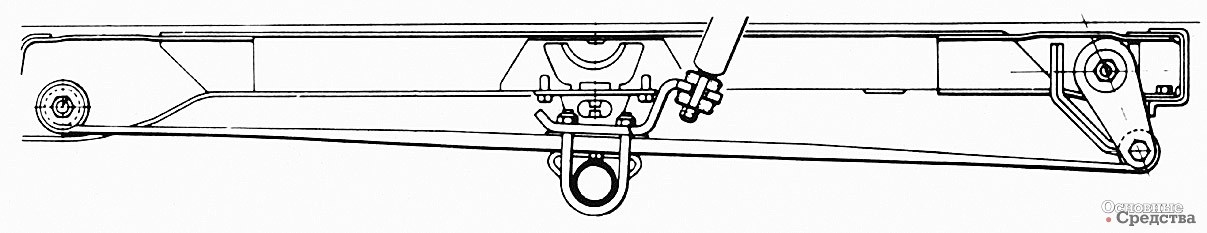 [b]Однолистовая параболическая рессора в задней зависимой подвеске легкого грузового автомобиля фирмы Renault.[/b] Передняя проушина закреплена с возможностью поворота на лонжероне рамы, а задняя - на серьге, компенсирующей изменение длины при прогибе