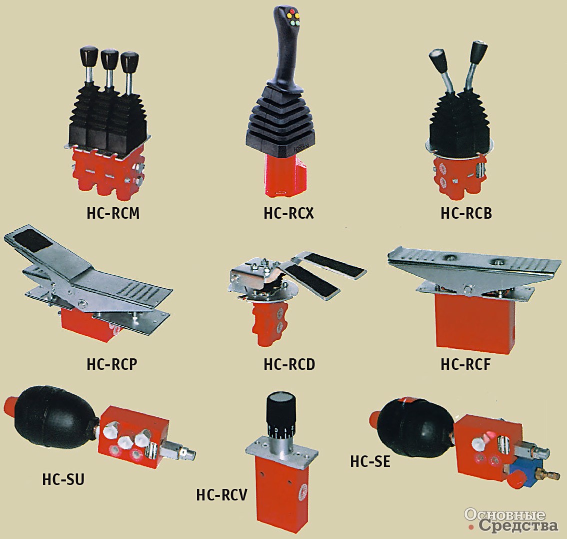 [b]Рукоятка дистанционного электро-гидравлического управления:[/b] двухкоординатные HCV-RCM, HC-RCB; четырехкоординатная эргономичская HC-RCX; ножные педали HC-RCP и HC-RCD