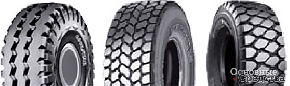 Примеры рисунков протекторы шин E: E-1 (Good Year HRR-1A), E-2 (Michelin XGC), E-3 (Bridgestone VMT)