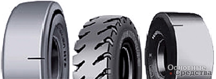 Примеры рисунков протекторы шин L: L-4S (Nokian HTS L-4S), L-5 (Michelin XMINE D2), L-5S (Bridgestone STMS)